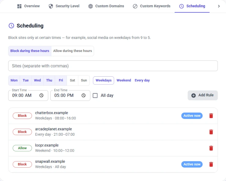 The schedule tab in WebSilence settings with block windows for weekdays