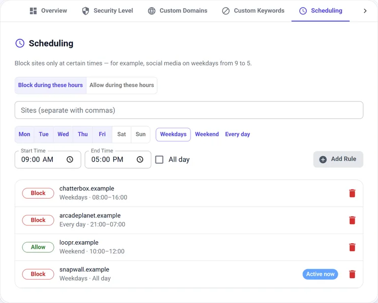 The schedule tab in WebSilence settings with block windows for weekdays