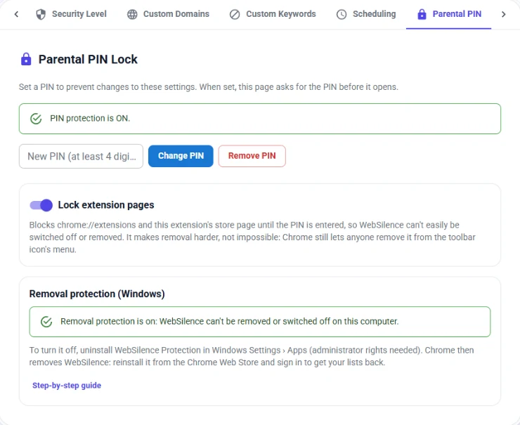 The parental PIN tab in WebSilence settings